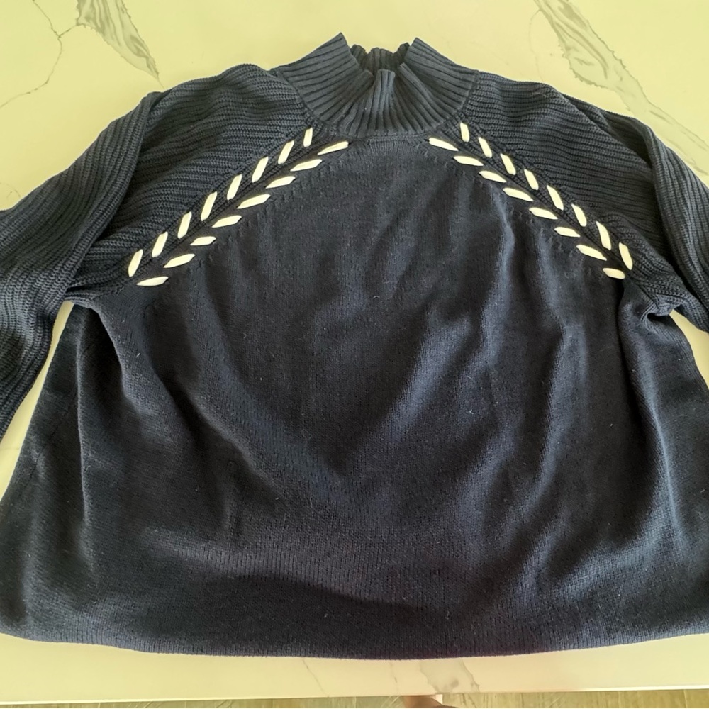 Ulla Popken Navy Mock Neck Sweater with white braided stitching